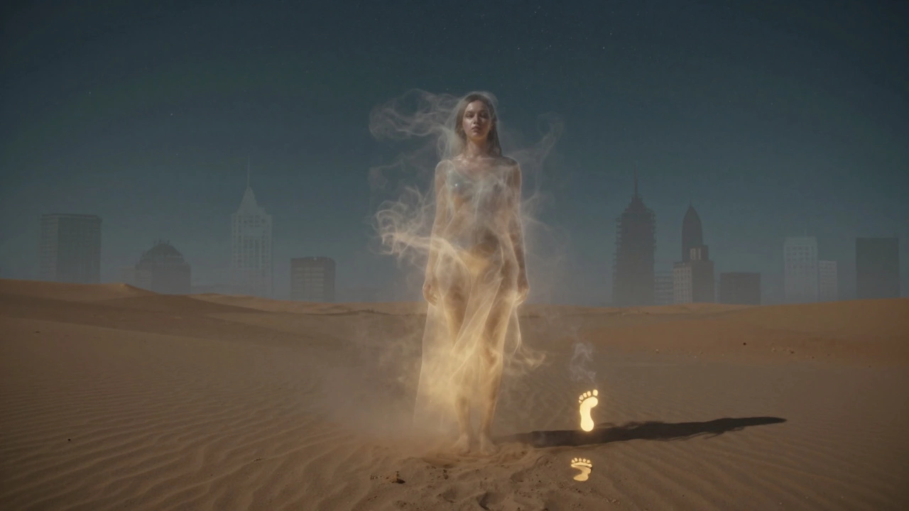 A translucent figure of a woman made of smoke and gold light stands alone in a desert under stars.