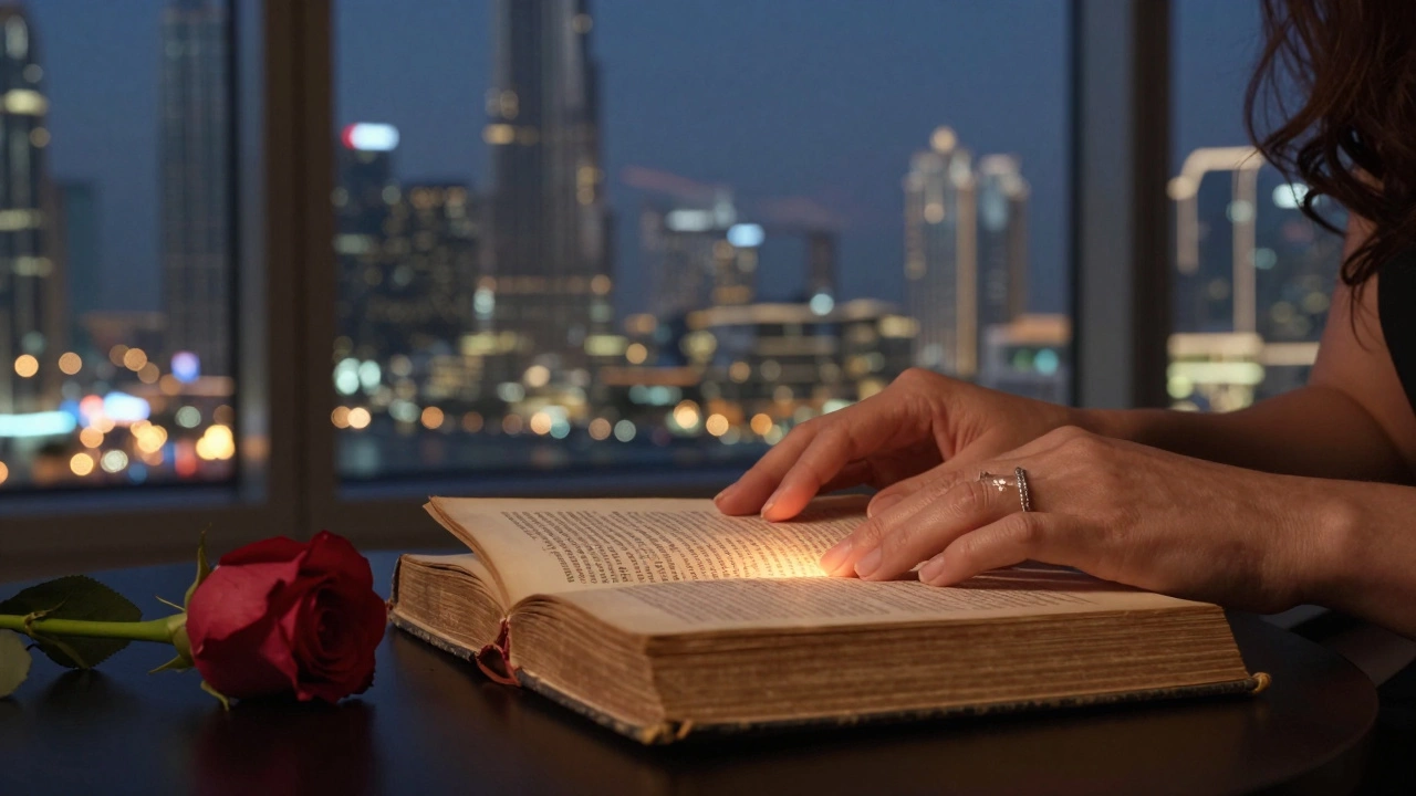 A woman&#039;s hands turn pages of a Russian poetry journal by candlelight, Dubai skyline visible behind her.